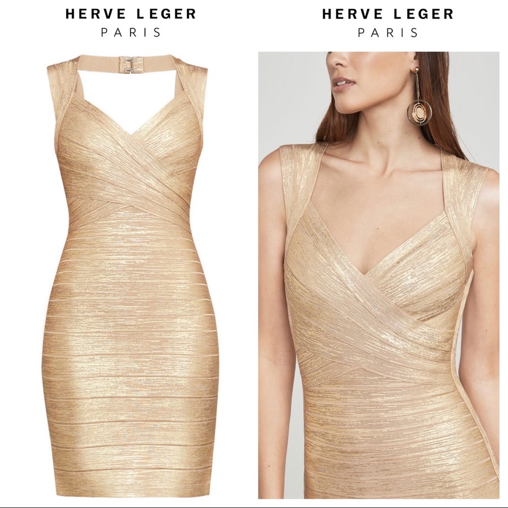 Herve Leger Gold Iman Bandage Dress Size Small